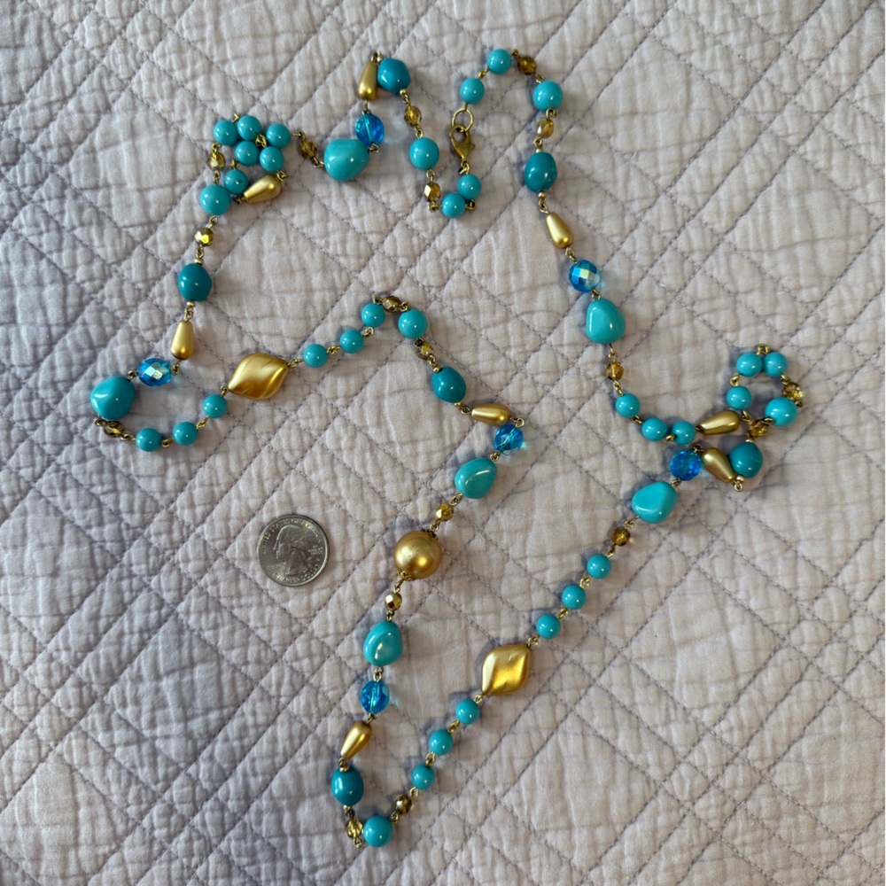 Vintage Blue and Gold Beaded Long Necklace